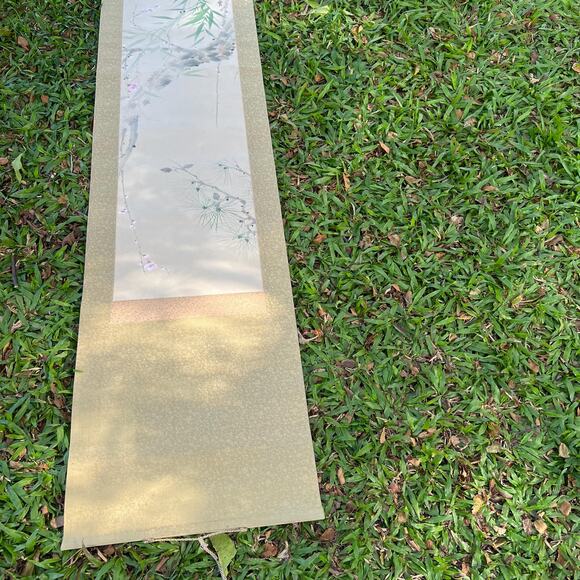 Antique Hanging Scroll Cherry Blossoms Flower Bamboo Leaves Painting Japan - Picture 8 of 11